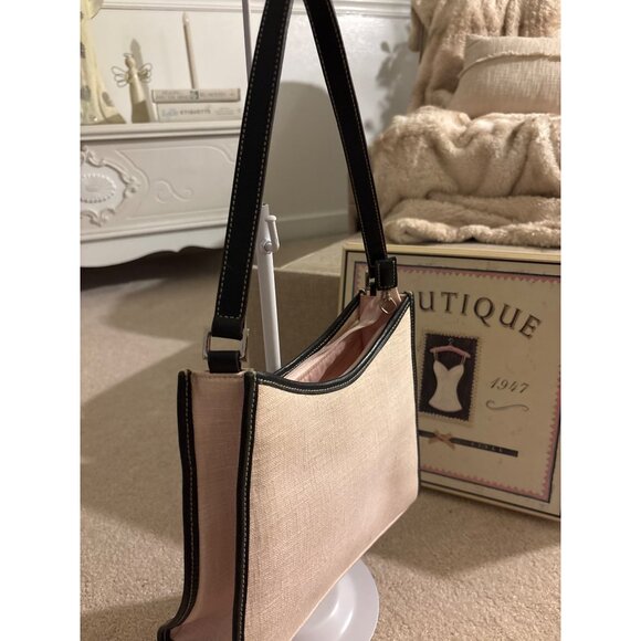 Vintage Ralph Lauren Beige Linen Handbag With Black Leather Trim - Picture 4 of 16